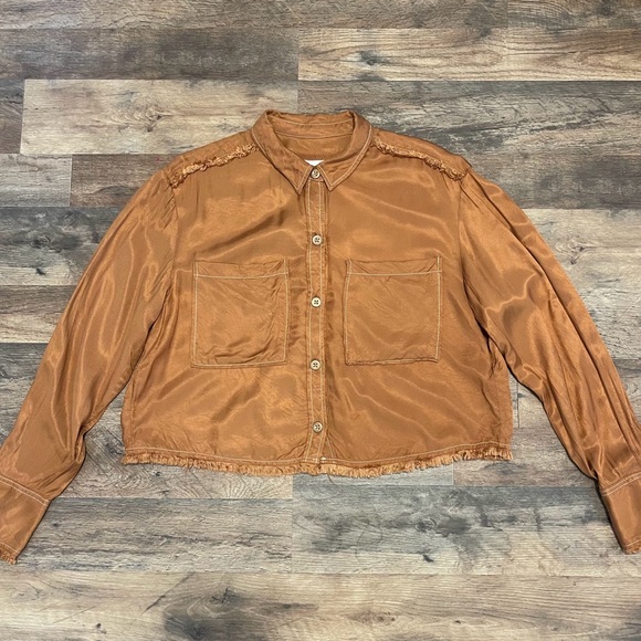 Anthropologie | Copper Bronze Metallic Look Cropped Raw Hem Button Down Shirt - Picture 3 of 9